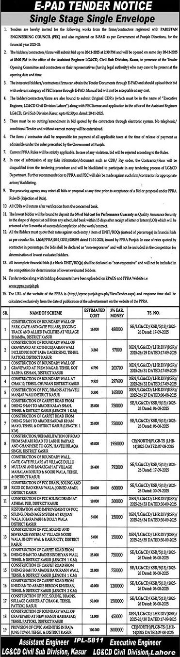 LG&CD Civil Disivion Kasur, Lahore Tender Notice